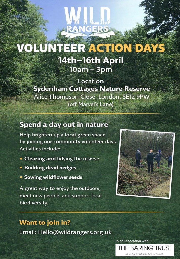 Poster advertising volunteer events in Sydenham Cottage 14th-16th April, 10am-3pm.