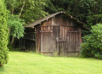 A shed near some trees